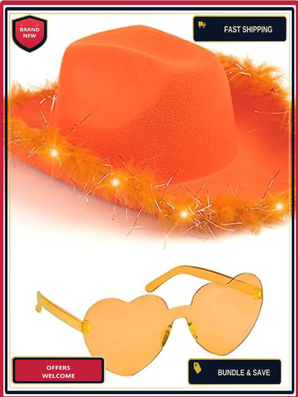 LED Light Up Cowboy Hat & Heart Glasses Set Feather Trim Costume Accessory